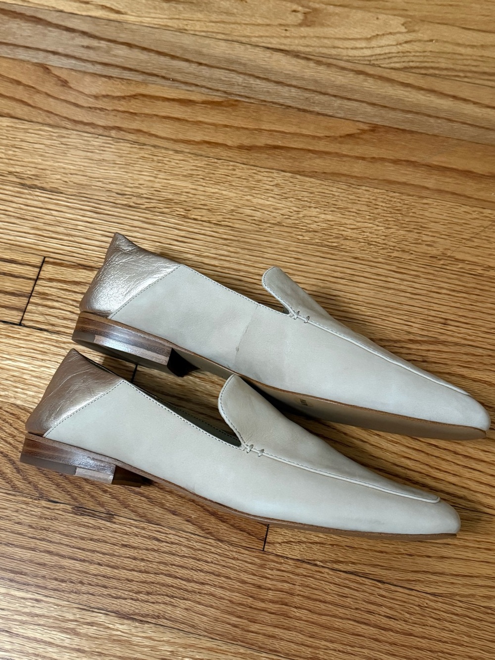 Women’s Cream Leather Loafers with Metallic Heel Accent